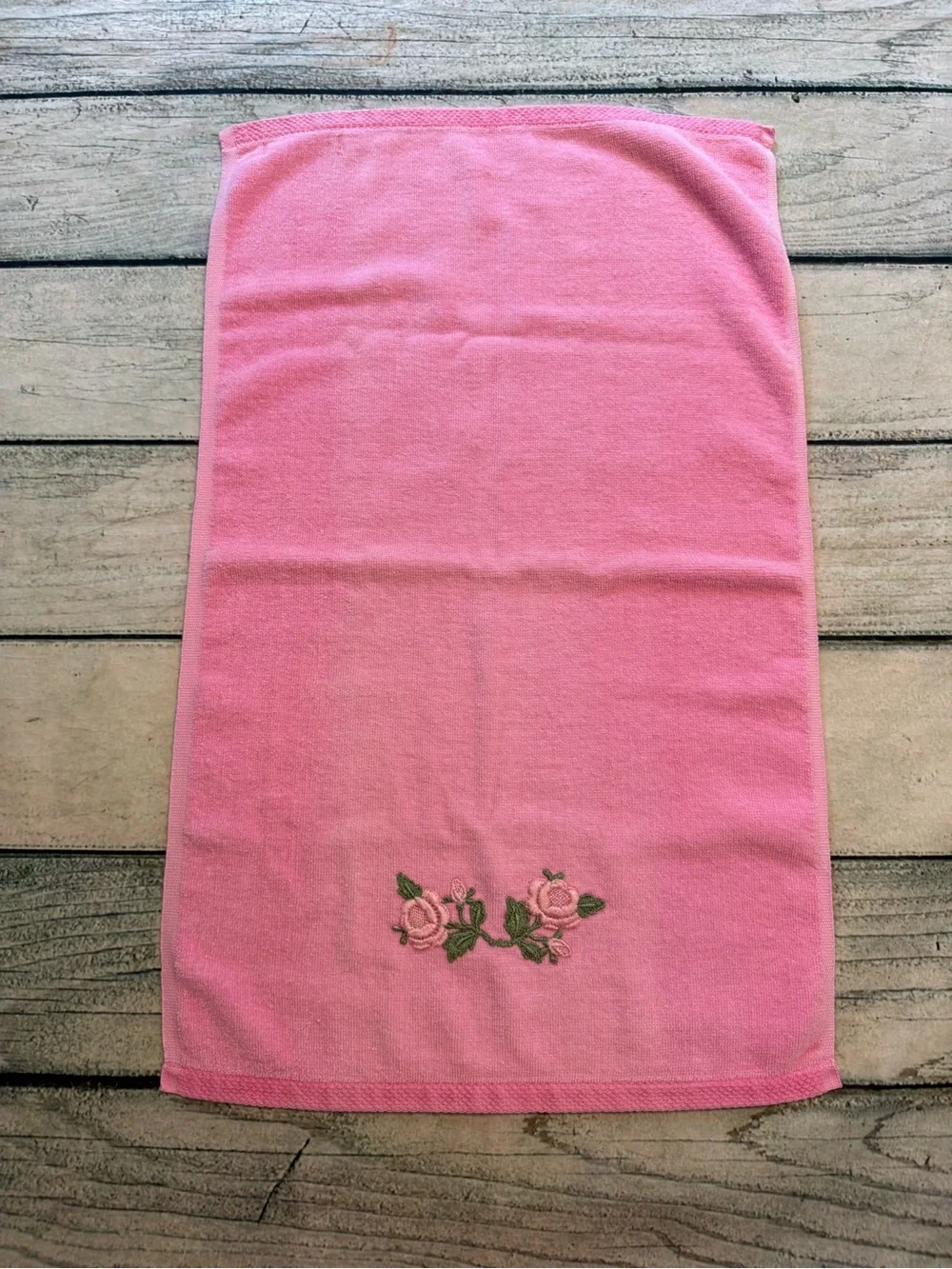 Vintage Martex pink embroidered floral hand towel. (Light fading)